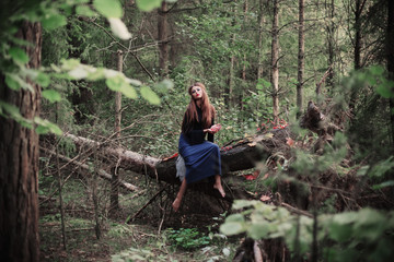 Naklejka na ściany i meble Beautiful witch sitting on a tree trunk in the forest
