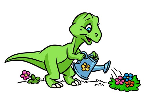 Dinosaur gardener flowers cartoon illustration  isolated image animal character