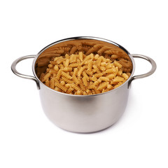 Metal pan filled with dry rotini pasta over isolated white background
