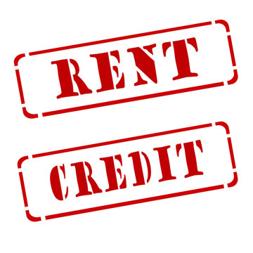 A red stamp "rent" and "credit" on a white background