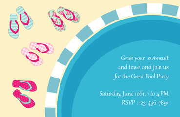 Pool party invitation with top view of a pool and flip flops