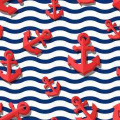 Fototapety  Vector seamless pattern with 3d stylized red anchors and blue wavy stripes. Summer marine striped background. Design for fashion textile print, wrapping paper, web background. Anchor flat symbol. 