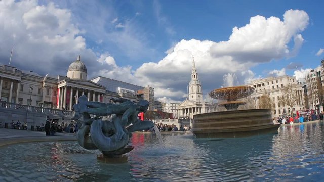 View of Trafalgar square, London with fountains and the church of St Martin in the fields