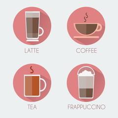 Hot Drinks Cups Round icon Set. Tea Cup, Coffee With Steam, Latte Macchiato in Plastic Glass with Lid. Digital background vector illustration.