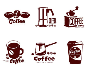 Coffee logos, vector simple coffee symbols Set of coffee symbols on a white background for coffee or restaurants, mug, coffee beans, a Turk, a coffee grinder, a glass, a set of elements