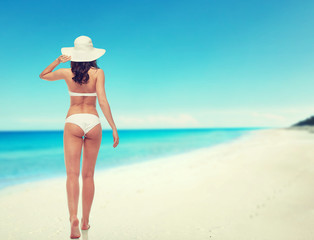 Fototapeta na wymiar young woman in white bikini swimsuit from back