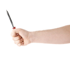 Hand holding a screwdriver  tool, composition isolated over the white background