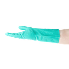 Hand in rubber latex glove with offering gesture over white isolated background