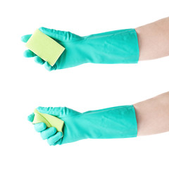 Set of hands in rubber latex glove holding kitchen sponge over white isolated background