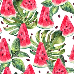 Tapeten Wassermelone Aquarell nahtloses Muster mit Scheiben Wassermelone