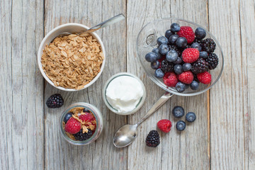 Healthy breakfast with Fresh greek yogurt, flakes  and berries