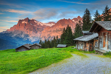 Fototapeta na wymiar Alpine rural landscape with old wooden chalets,Grindelwald,Switzerland,Europe