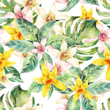 Natural leaves watercolor seamless pattern, flower orchid