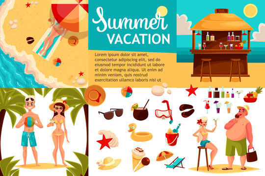 Infographics with travel concept summer vacation on the beach, tourists go hiking in travel between countries, vacation, set of vector elements of icons, beach, summer, bar, sand, sea, fun and games