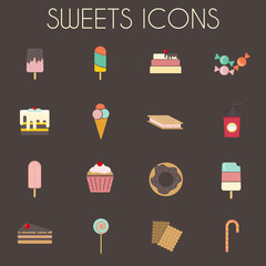Sweets Icons Set. Sixteen tasty icons on dark backdrop. Ice creams on wooden sticks, Slices of Cakes with Cherry on top. Donuts, cupcakes, lollipop and candy cane. Digital vector illustration.