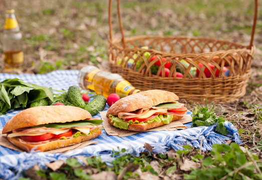Ciabatta sandwich lifestyle picnic lunch with vegetables, bacon, salad, cheese and onion