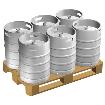 Wooden pallet with kegs, isolated on white background.