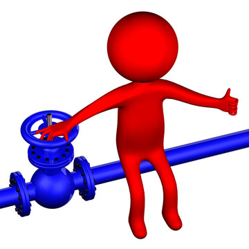 3D Man with pipeline with valve