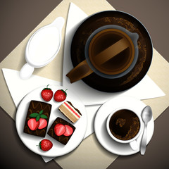 Morning invigorating coffee, milk and cake on a white plate. Vector illustration.