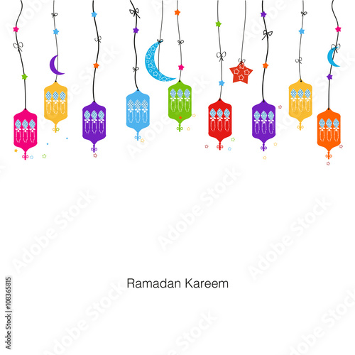 "Ramadan Kareem with colorful Lamps, Crescents and Stars 