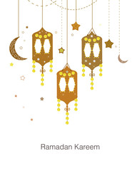 Ramadan Kareem with colorful Lamps, Crescents and Stars. Traditional lantern of Ramadan vector background