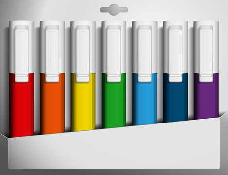 Vector illustration of seven colored felt pens in a box.