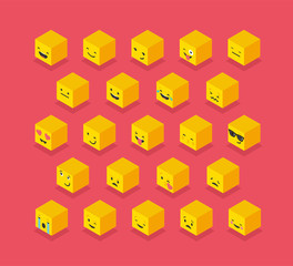 Isometric emoticons yellow cubes, square colorful icons