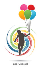 Little Boy jumping with balloons designed on spin wheel background graphic vector.