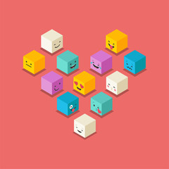 Fototapeta na wymiar Isometric love, heart symbol emoticons cubes, square colorful icons