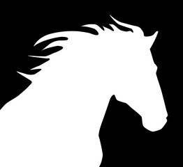 A silhouette of a horse's head in a black square. 