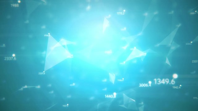Abstract computer generated seamless loop, geometrical motion from chaotic slow moving dots lines triangles random numbers background. 4K
