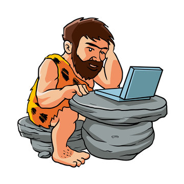 Cartoon caveman using a laptop. 