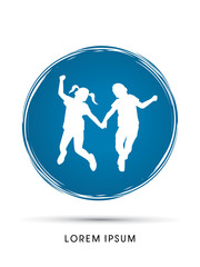 Friendship, Little Boy and girl jumping designed on grunge circle background graphic vector.
