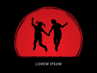 Friendship, Little Boy and girl jumping designed on sunset background graphic vector.