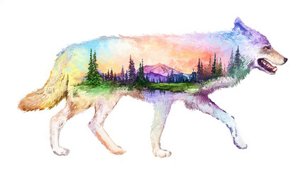 wolf double exposure illustration © Krolone