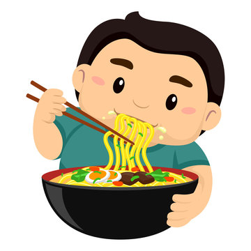 Vector Illustration of a Boy eating noodles using Chopstick