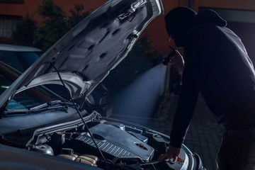 Car thief with flashlight disarming car protections