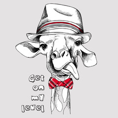 Obraz premium Image of portrait of a giraffe in the bow and in the hat. Vector illustration.