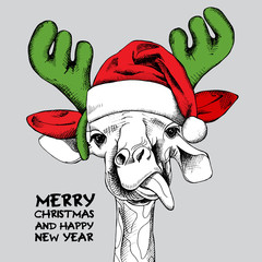 Obraz premium The image giraffe portrait in mask Santa's antler reindeer and Santa's hat. Vector illustration.