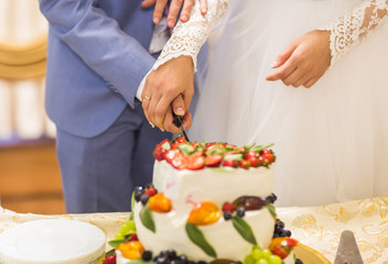 Obraz na płótnie Canvas Bride and Groom at Wedding Reception Cutting the Cake
