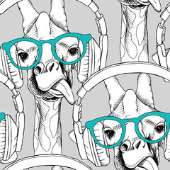 Naklejki  Seamless pattern with giraffes in the glasses and with headphones. Vector illustration.