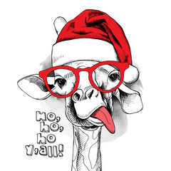 Fototapeta premium The christmas poster with the image giraffe portrait in Santa's hat and in the glasses. Vector illustration.