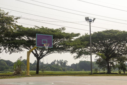 Empty basketball court hoop net, outdoor basketball court for sport leisure at recreation park