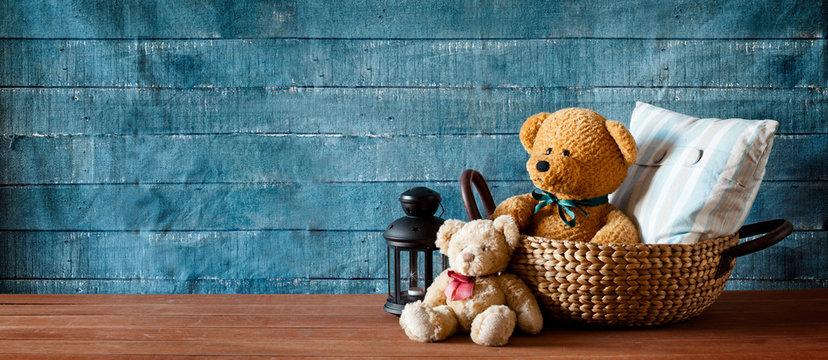 Cute Teddy Bear In A Basket Banner