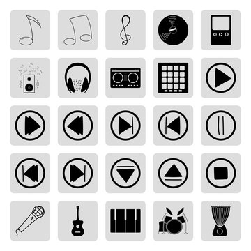 Music buttons instruments and dj 25 simple icons set