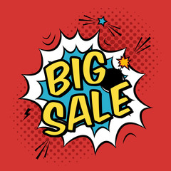 Vector colorful pop art illustration with big sale discount promotion. Decorative template with halftone background and bomb explosion in modern comics style.