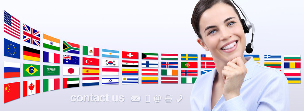 contact us, customer service operator woman with headset smiling, holding globe