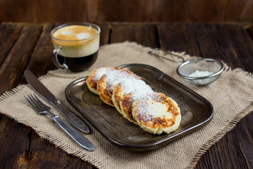 Cottage cheese pancakes  on metal plate