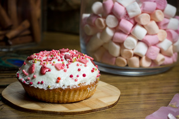 Celebrating marshmallow, cupcake on wooden table, birthday party