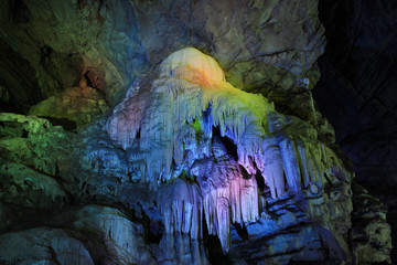 Stalactite and Stalagmite caves are located on the East coast of India, in the Ananthagiri hills of the Araku valley, Visakhapatnam in Andhra Pradesh, India. Formations of rocks inside Borra Caves.